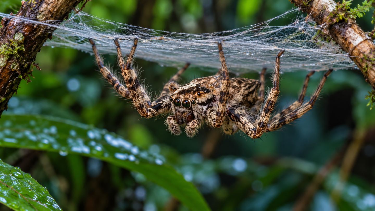 Portia fimbriata jumping spider resting beneath a silk platform. Researchers found regulated sleep with REM-like episodes in this species, though whether spiders dream remains unknown.