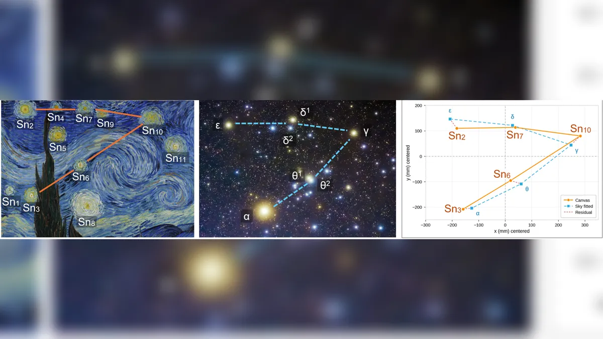 A comparison of Van Gogh’s The Starry Night (1889) and the Hyades star cluster reveals striking similarities in the positions of five stars. Overlaid images highlight how closely the painted stars match the real constellation. 