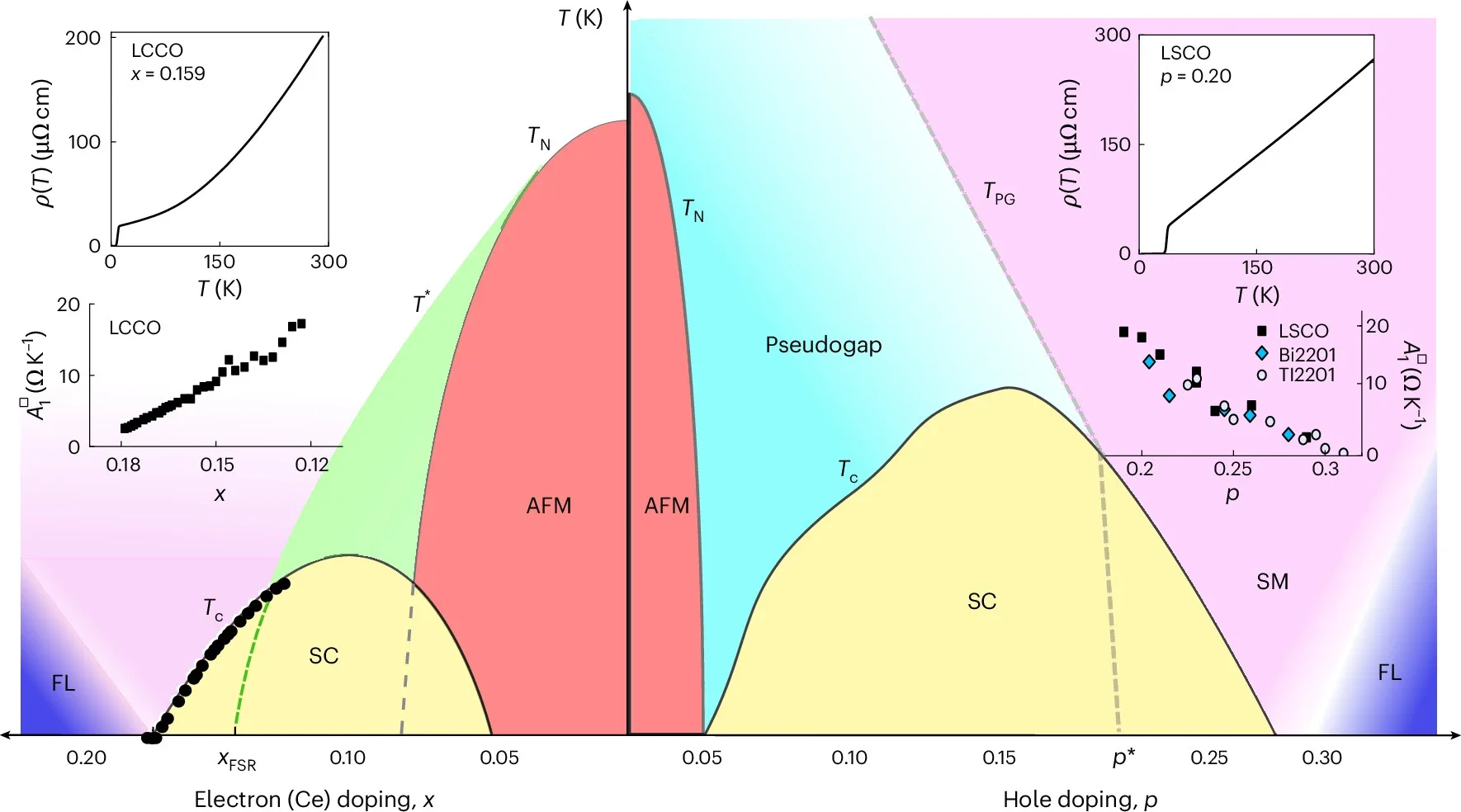 Phase diagram of electron- and hole-doped cuprates. On either side of the parent Mott state, the phase diagram of the cuprates exhibits a marked asymmetry.