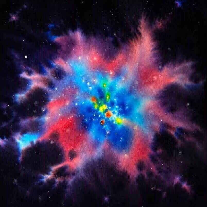This painting shows massive stars emitting ionizing radiation, but gas swept up by supernova-driven galactic winds can prevent that radiation from escaping the galaxy.