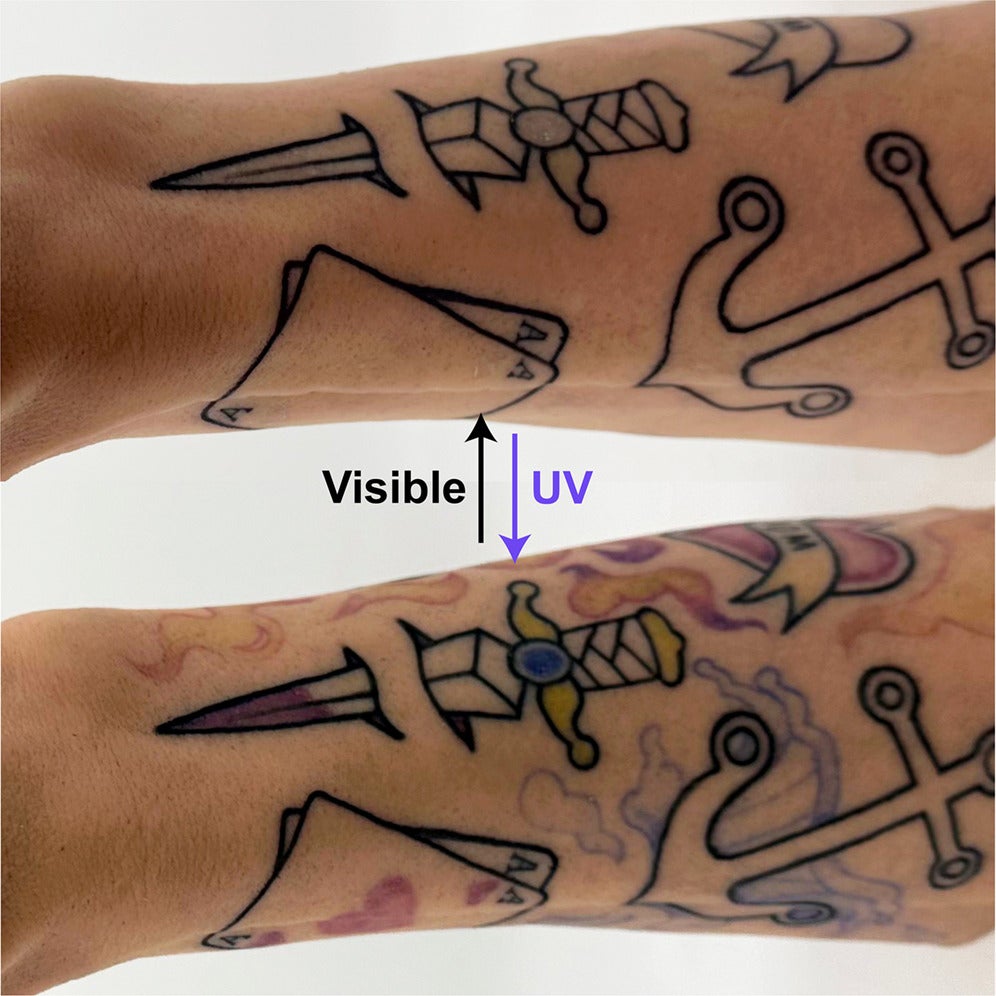 Arm tattoo before and after light activation. 