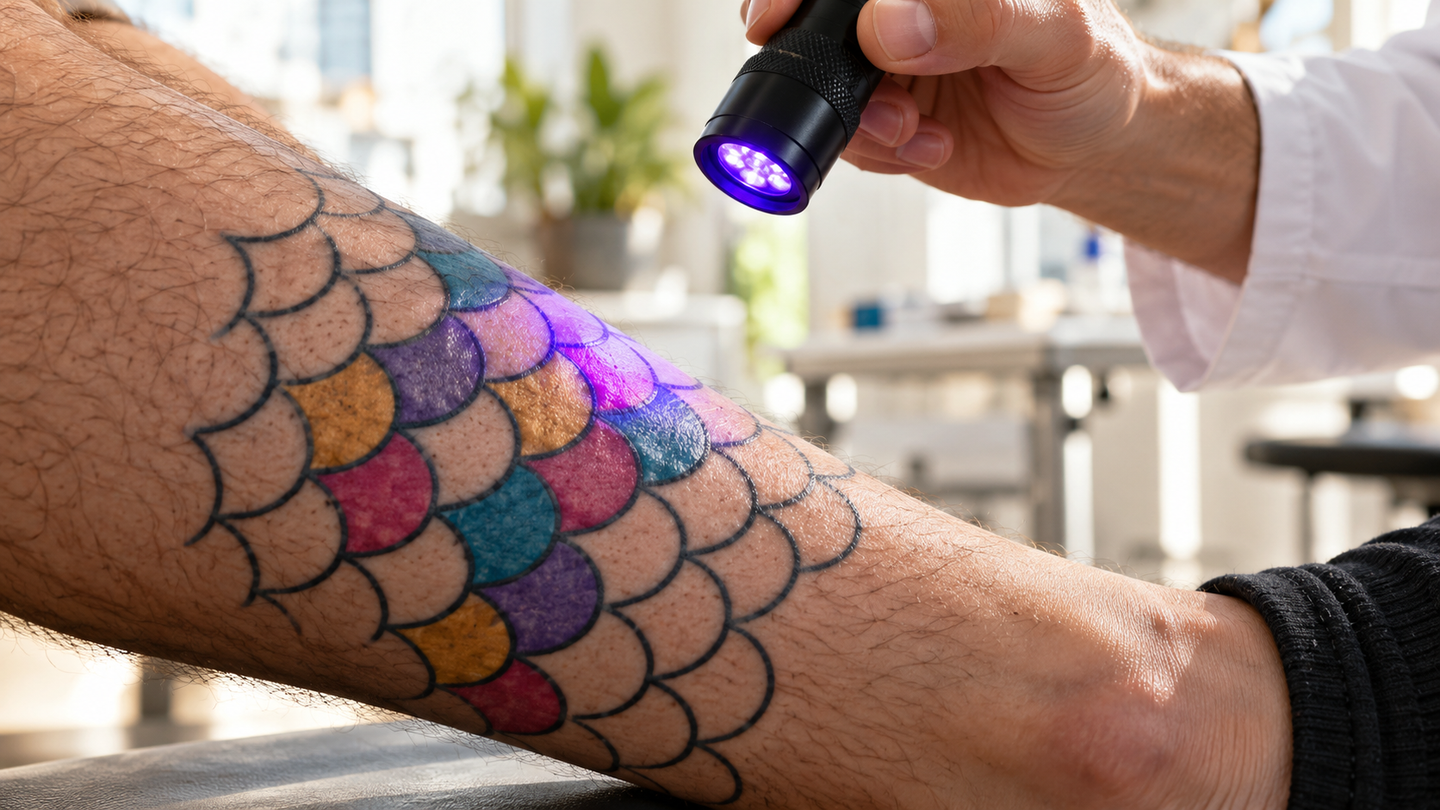 PhotoTat inks reveal and erase tattoo colors with light, but human safety and blue-dye durability remain unresolved.