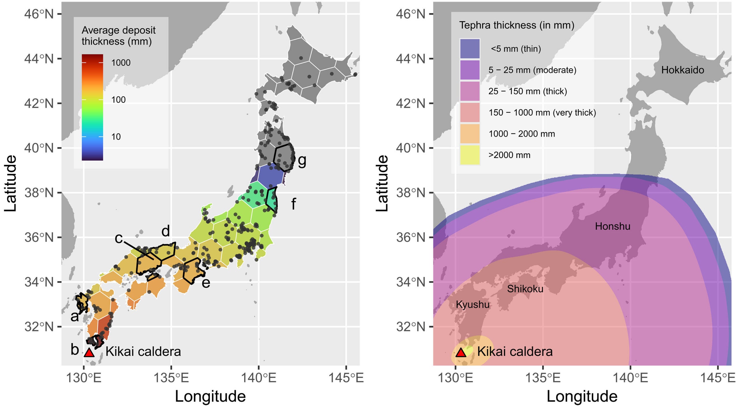 Map of the study area. (Left) Distribution map of the sampling location of 14C dates overlaid on the hexagonal areal units used to fit the Bayesian models; labeled areal units are discussed in the text. (Right) Tephra model deposit for the K-Ah eruption