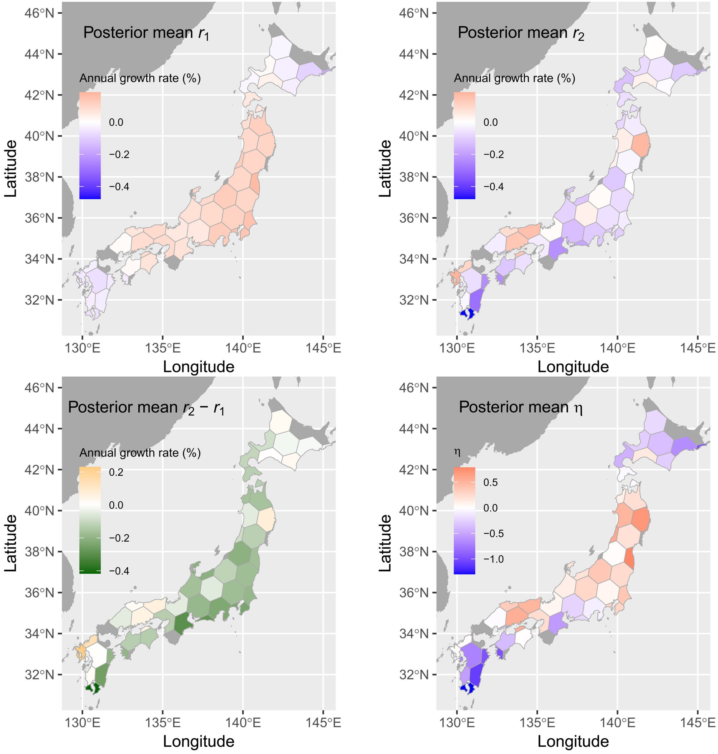 Posterior mean of r1, r2, and η. Mean posterior estimates for model A [r1 and r2 (top row); r2 − r1 (bottom left)] and model B [η (bottom right)] showing regional variations in demographic trajectories before and after the K-Ah eruption.